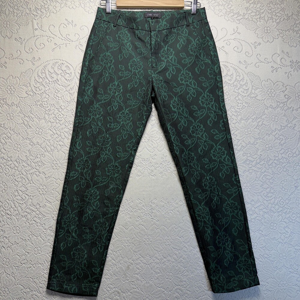CHIC NYC Dress Pants Womens Small Green Floral Tapered Pull On Workwear